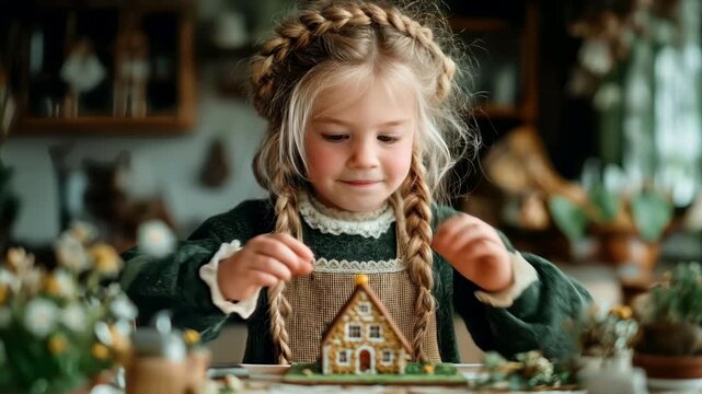 Little girl carefully decorating a gingerbread house at a cozy festive table during the Christmas season