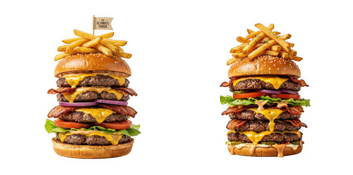Ultimate triple cheeseburger tower with bacon and fries isolated on transparent background