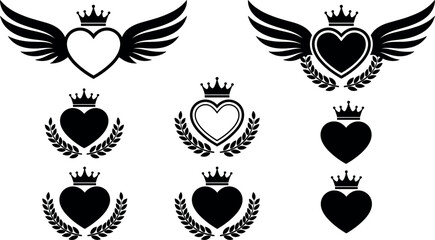 Vintage heraldic romantic love crest collection featuring black silhouette hearts crowned with royal tiaras majestic wings and laurel wreath frames [20 words] © jamirul
