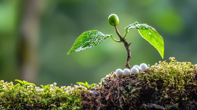 A young plant sprouting in lush green surroundings.