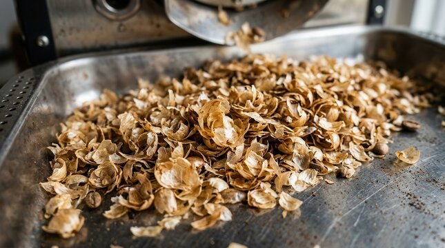 Golden Coffee Chaff Collected in a Stainless Steel Tray During the Bean De-husking Phase of Gourmet Beverage Production