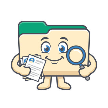 Cute cartoon folder mascot holding resume documents and magnifying glass for HR recruitment and job candidate search vector illustration