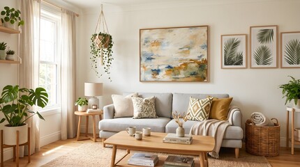 Fototapeta premium Modern cozy living room interior with a grey sofa wooden coffee table house plants and abstract wall art decor in a bright sunlit apartment with natural light and minimalist style