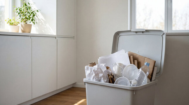 Open recycling bin filled with paper cardboard plastic bottles in bright home kitchen representing household waste sorting responsible consumption circular economy showing authentic