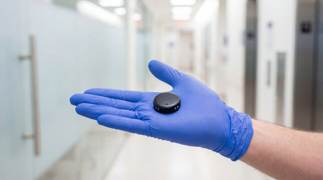 Medical worker holding compact wearable sensor in gloved hand inside clinic corridor representing remote monitoring digital health patient safety modern healthcare technology with clear
