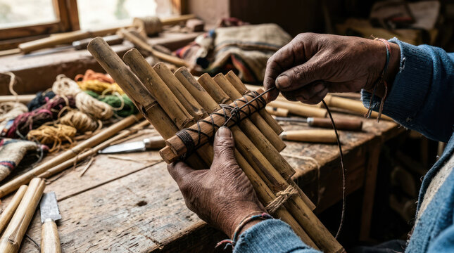 Artisan crafting a traditional Andean pan flute instrument 1.