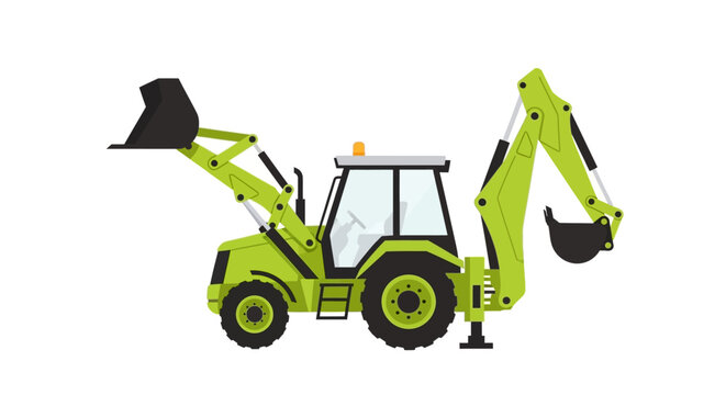 Modern Green Backhoe Loader Vector Illustration - Industrial Construction Machinery and Agricultural Tractor Icon isolated on White Background