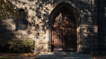 Fototapeta premium Gothic arched wooden doorway in historic stone building with dramatic shadows
