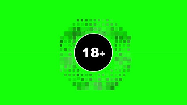 18 plus age restriction sign, glowing neon green digital age gate with pixelated grid background, cinematic close-up, seamless loop, symbolizing content regulation, parental control, and digital