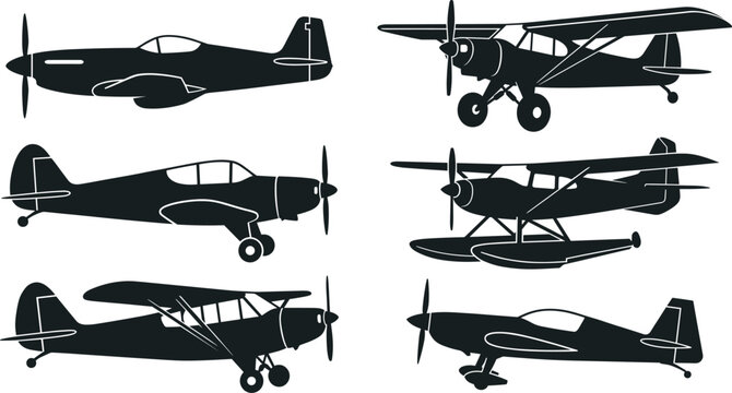 Black silhouette propeller airplane icons set featuring vintage light aircraft, biplane, high wing, low wing, tailwheel, and tricycle landing gear illustration