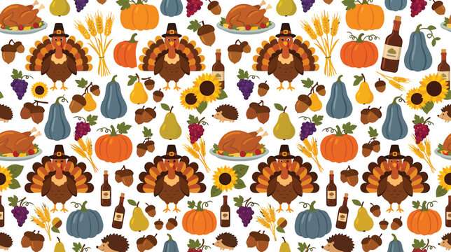 Thanksgiving seamless pattern with roasted turkey pumpkins sunflowers and autumn harvest elements in flat vector illustration