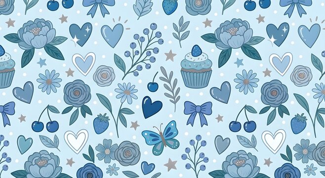 seamless pattern blue theme with cupcakes, ribbons, hearts butterfly and flowers