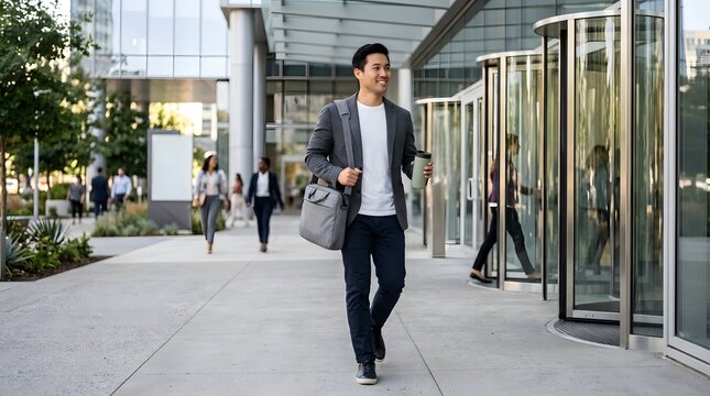 Happy young Asian businessman walking outside a modern office building plaza with a coffee cup and messenger bag