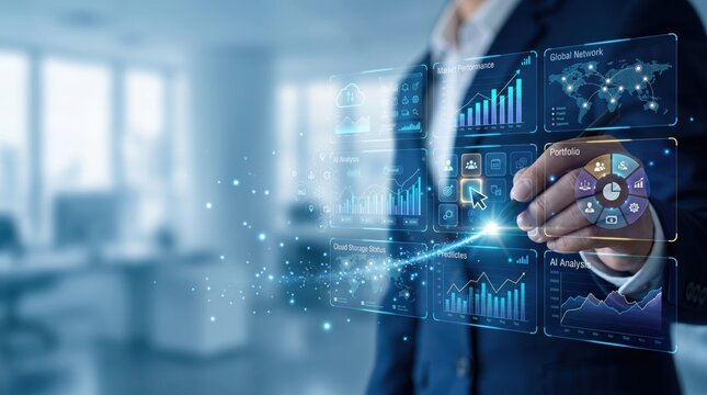 Businessman interacting with futuristic hologram interface displaying data charts, global network and AI analysis in modern office environment