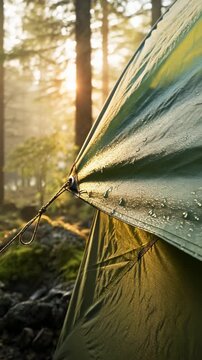 Close-up tent corner with braided guyline moving into relaxed loop against backlit forest sunrise, wet olive fabric, metal grommet, and soft dawn bokeh, with tent, grommet, guyline, rope detail