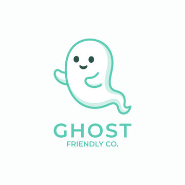 Ghost friendly co logo featuring a cute mint green outline ghost waving with text below