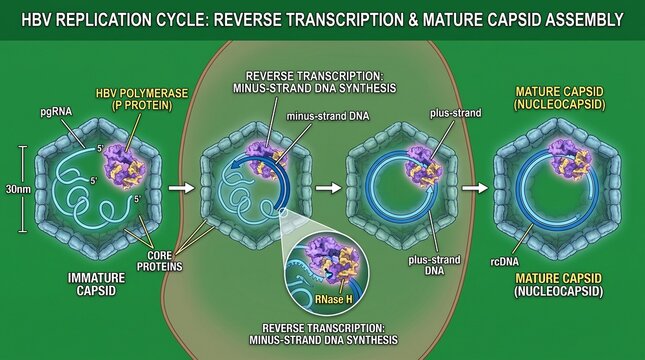 Hepatitis B virus replication cycle diagram. HBV capsid assembly and reverse transcription.