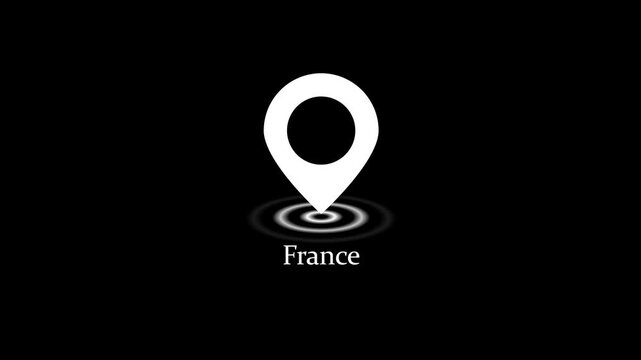 France location pin animation with pulsing map marker on black background 4k stock  video. 