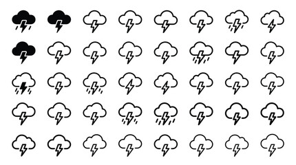 Fototapeta premium Thunderstorm and Lightning Weather Line Icons Vector Collection