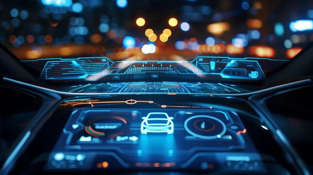 Digital holographic interface above car dashboard, tech concept.