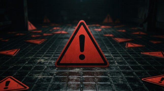 Glowing red alert icons on dark hexagonal grid for cybersecurity threat detection with exclamation marks