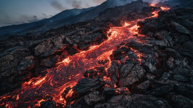 Fiery magma flowing through volcanic rock, creating a vibrant thermal texture for Molten lava and cracked black