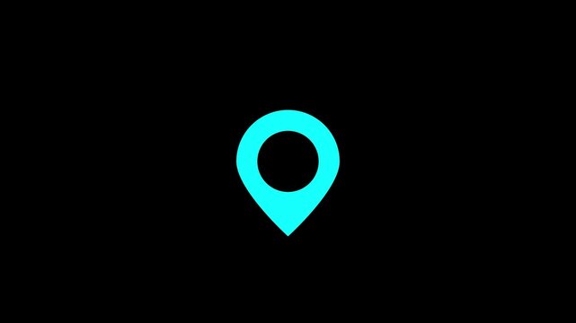 Minimalist cyan map location pin animation on black background, for digital navigation, and ui marker 4k stock  video. 