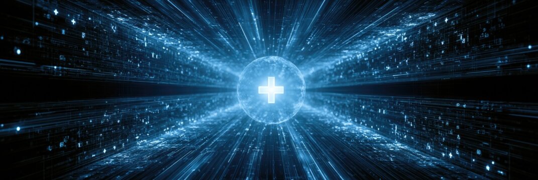 A bright, glowing plus symbol at the center of a cosmic, blue energy burst