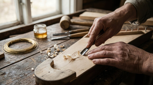 Craftsman carefully carving wood with a sharp chisel tool.