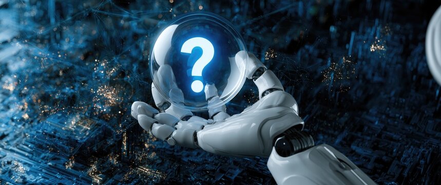 A robotic hand holds a glowing question mark within a digital sphere