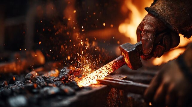 Blacksmith hammering glowing hot metal with fiery sparks flying in a dark workshop