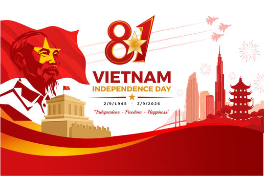 Vietnam Independence Day 2026 81st Anniversary Banner with Ho Chi Minh Silhouette, Vietnam Skyline, National Monument and Patriotic Flat Vector Illustration. 