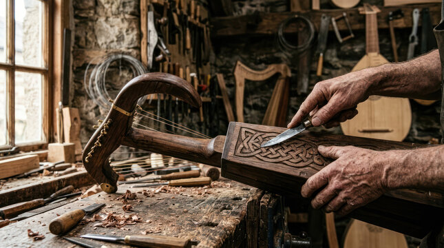 Craftsman carving intricate details into a wooden musical instrument 1.