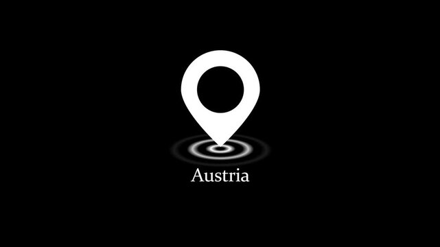 Austria location pin animation with pulsing map marker on black background 4k stock  video. 