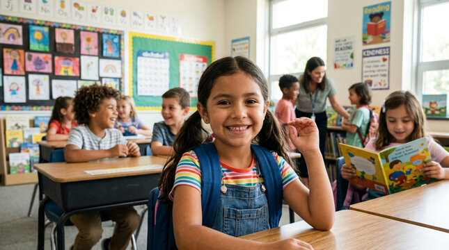 Portrait of a smiling young Hispanic girl in denim overalls and pigtails sitting at a desk in a diverse elementary school classroom with a teacher and classmates in the background.