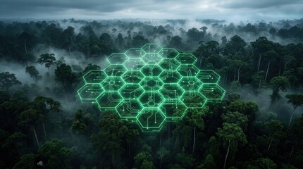 Obraz premium Aerial View of Lush Forest with Neon Green Honeycomb Grid Signifying Nature, An