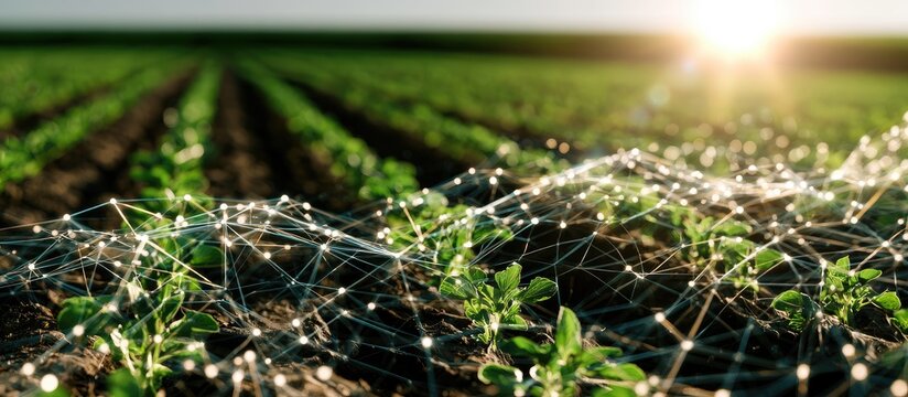 Young plants in a field connected by a glowing network overlay