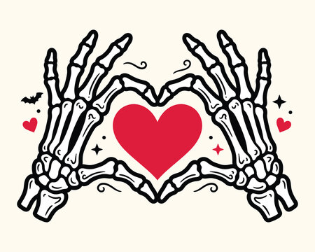 Skeleton Hands Forming a Heart Shape: Two skeleton hands interlock to create a heart symbol, adorned with small red hearts and decorative sparkles.