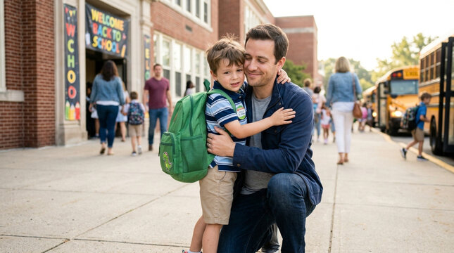 Father kneeling to embrace son with green backpack on first day of school outside brick elementary building with yellow school bus, parents, and welcome back to school sign.