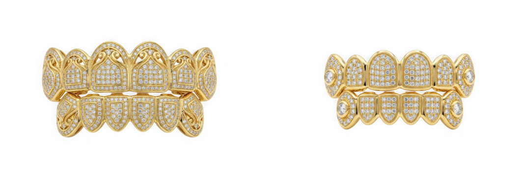 Set of luxury gold diamond grillz isolated on transparent background