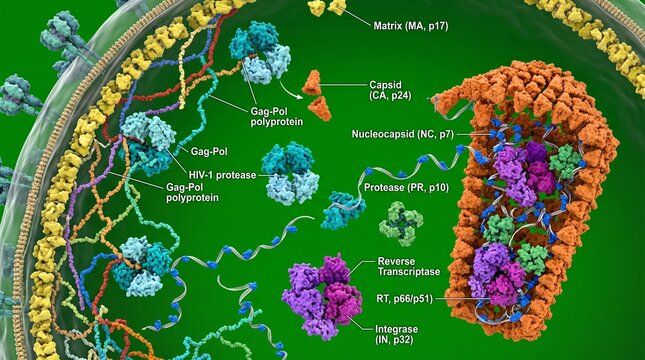 HIV protease cleaving Gag-Pol polyprotein. Viral maturation process in a retrovirus.