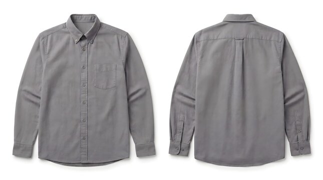 Front and Back View of a Classic Grey Long Sleeve Button Down Casual Shirt Isolated on White Background