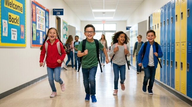 Group of diverse elementary school students with backpacks running excitedly down a brightly lit school hallway past blue and yellow lockers and colorful bulletin boards.