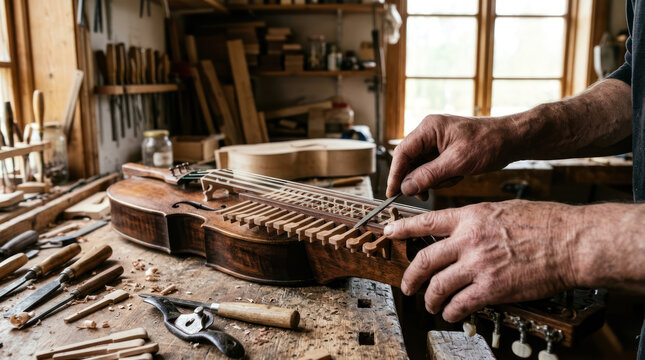 Craftsman meticulously assembling a wooden stringed instrument in a workshop.