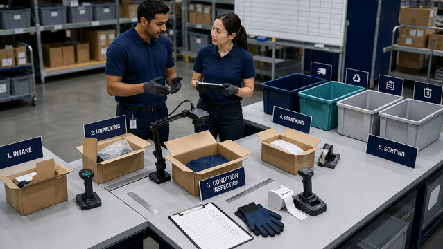Two warehouse employees inspect returned merchandise at an organized processing station with boxes, scanners, bins, labels, and a tablet.