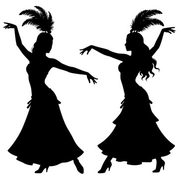 Black silhouettes of two cabaret showgirls in feathered headdresses and tiered dresses - design for carnival party invitations, dance studio posters, and retro theater flyers. Transparent SVG version.