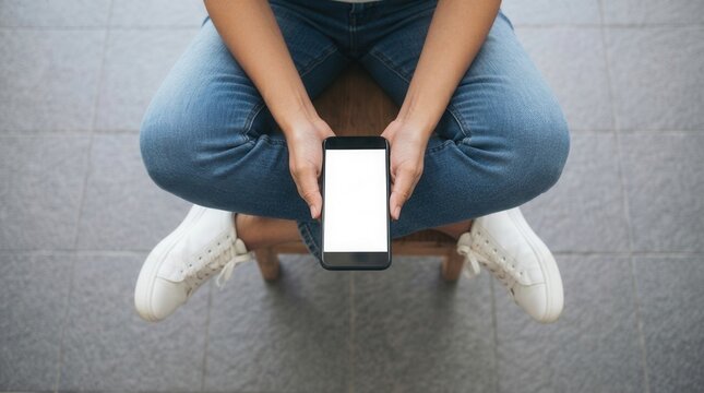 High angle shot of woman using smartphone with empty white screen, perfect Top view mockup image a holding