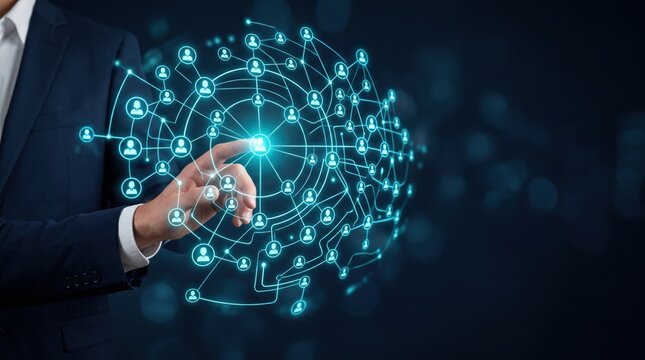 Businessman touching virtual network sphere, digital transformation, global connection, social media networking, future technology interface, data communication system