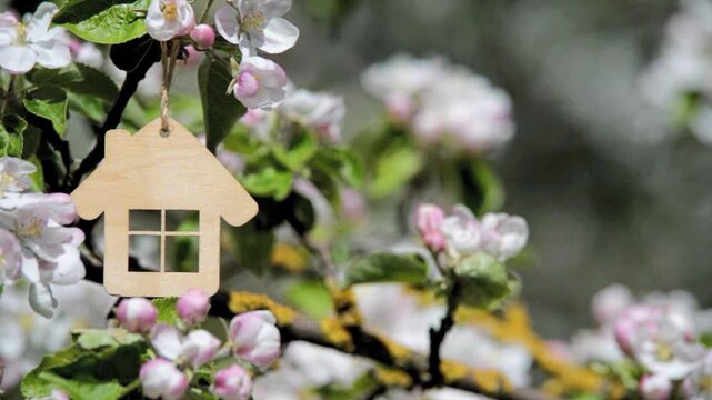 Symbol of the house on the branches of a flowering apple

