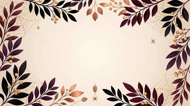 Elegant Halloween border with dark purple leaves and copper berries. Sophisticated floral frame featuring spider webs on beige background. Autumnal botanical composition for holiday invitations.